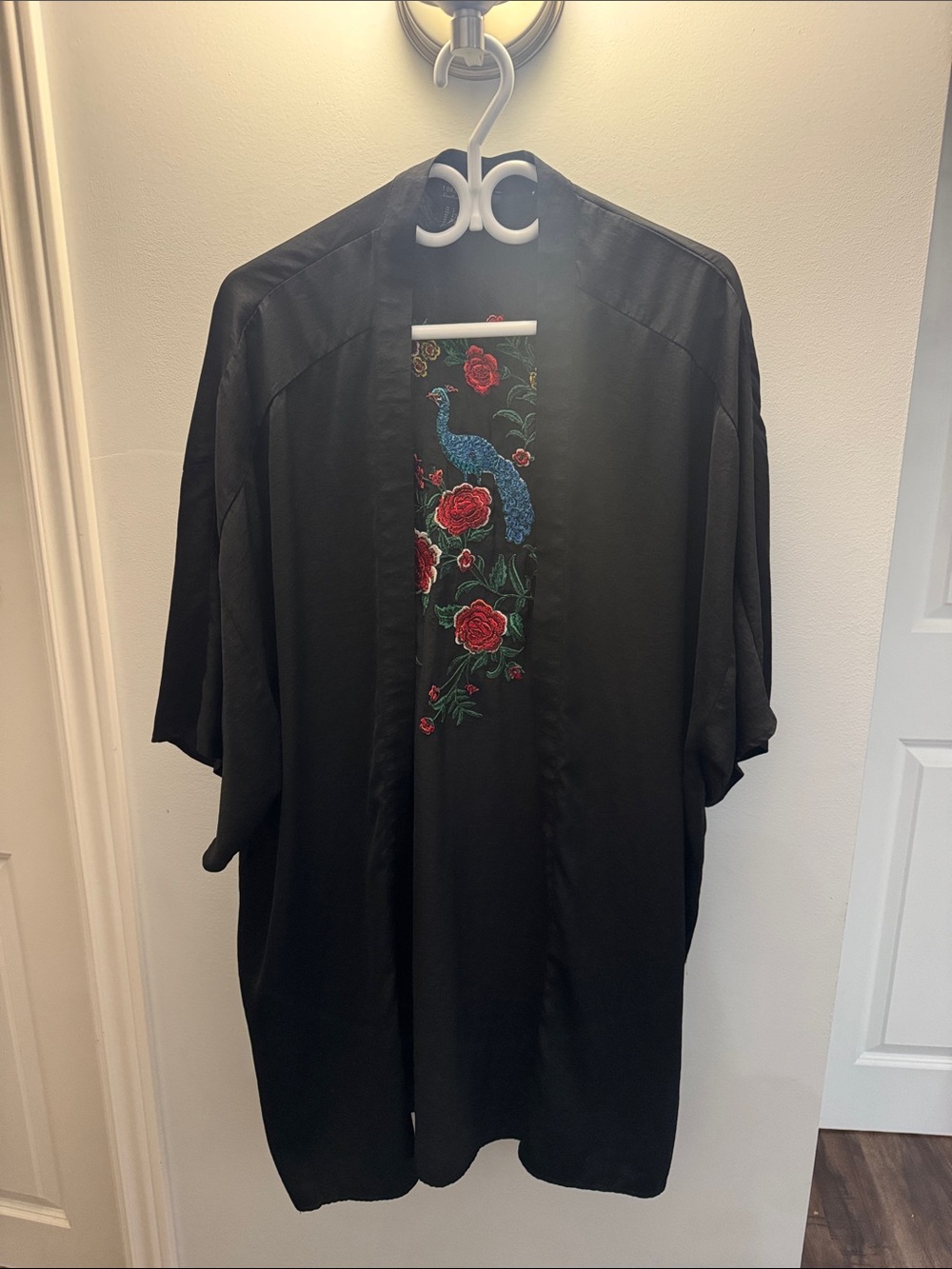 Forever 21 Black Kimono Jacket with Blue Peacock & Red Rose Embroidery